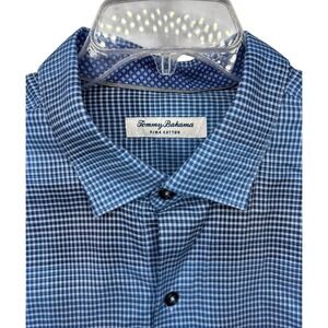 Tommy Bahama Pima Cotton Mens L Blue‎ Black Check Button Down Long Sleeve Shirt